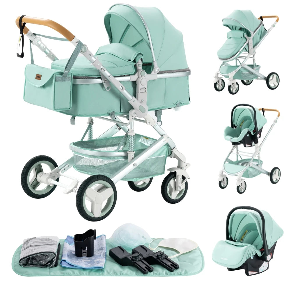 Kinderwagen 3-in-1 luxe draagbare reiskinderwagen opvouwbare kinderwagen hoog landschap aluminium frame pasgeboren kinderwagen ZWART